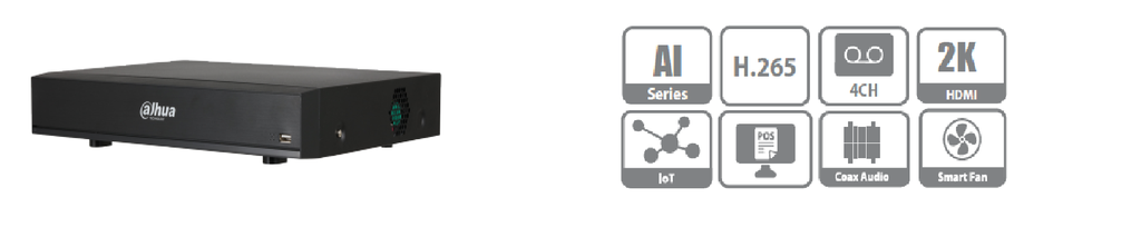 Dahua XVR7104HE-4KL-I - DVR 4 Canales 4k Inteligencia Artificial, H.265+, 2 Canales Rec. Facial, Prot. Perimetral, E&S de Alarma, 1 SATA