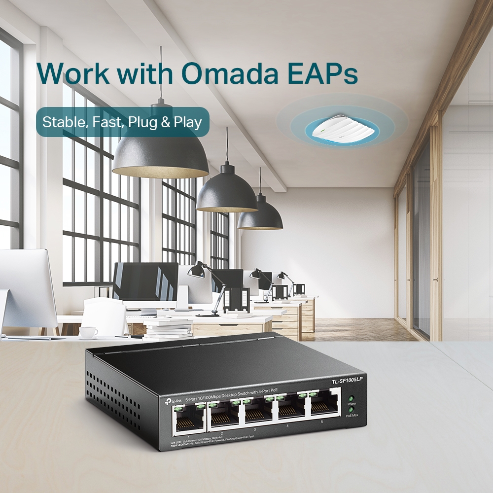 TP-Link TL-SF1005LP - Switch de escritorio de 5 puertos a 10/100 Mbps con PoE en 4 puertos