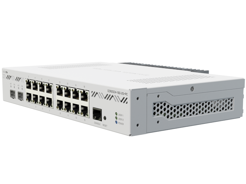 Mikrotik CCR2004-16G-2S+PC - Cloud Core Router 1 núcleo alto rendimiento RouterOS L6 con 16 puertos Gigabit, 2 slots SFP+ 10G Refrigeración pasiva