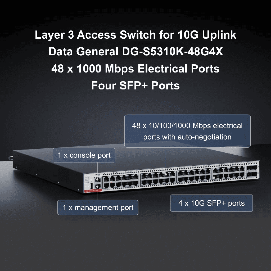 Data General DG-S5310-48G4X - Switch 10G con 48 puertos RJ45 gigabit y 4 SFP+ - 1 fuente PA150IB-F incluida