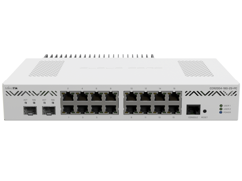 Mikrotik CCR2004-16G-2S+PC - Cloud Core Router 1 núcleo alto rendimiento RouterOS L6 con 16 puertos Gigabit, 2 slots SFP+ 10G Refrigeración pasiva