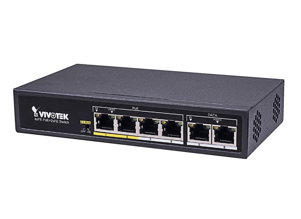 Vivotek - Switch PoE AW-FET-060C-065, 60 W, 4 puertos RJ45 (PoE), 2 puertos RJ45 (UTP), 10/100 Mb/s, no gestionado